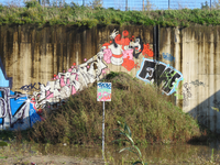 847108 Afbeelding van een graffitikunstwerk op een muur bij de tijdelijke jongerenplek 'Teen Spot' onder het ...